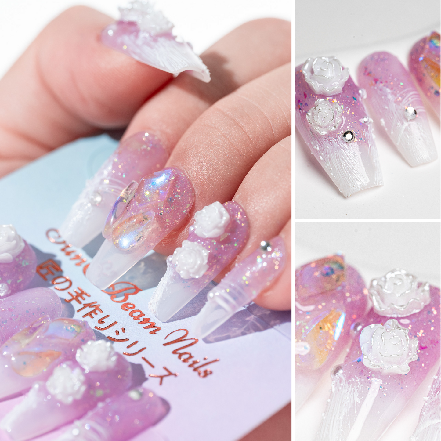 Handmade Press-on Nails Medium Long Coffin Ballerina Purple White 3D Flower Design 10Pcs HM004