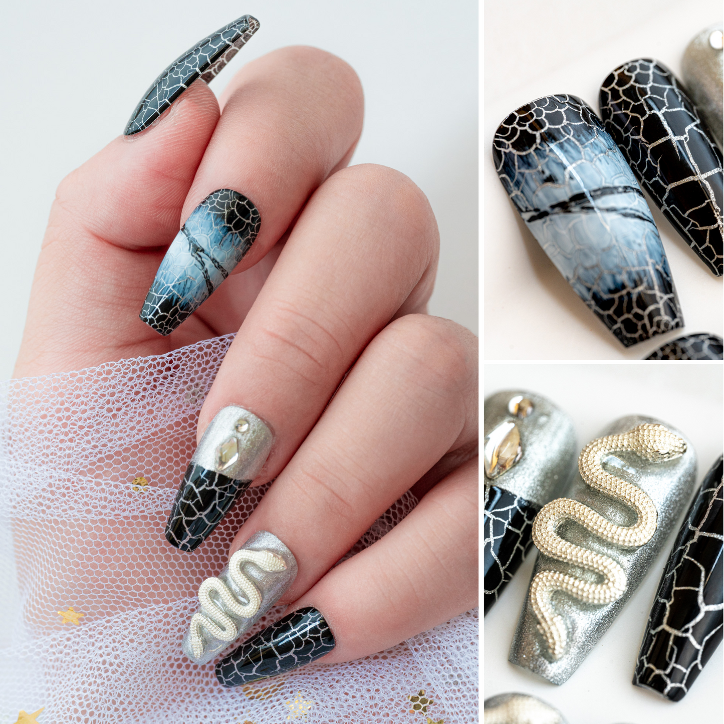 Handmade Press-on Nails Medium Long Coffin Ballerina Black White Snake Design 10Pcs HM007