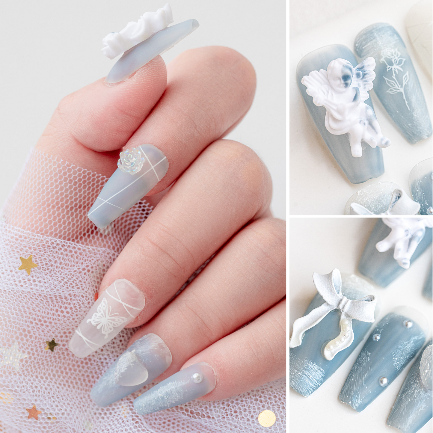 Handmade Press-on Nails Medium Long Coffin Ballerina Blue White Angle Ribbon Design 10Pcs HM008