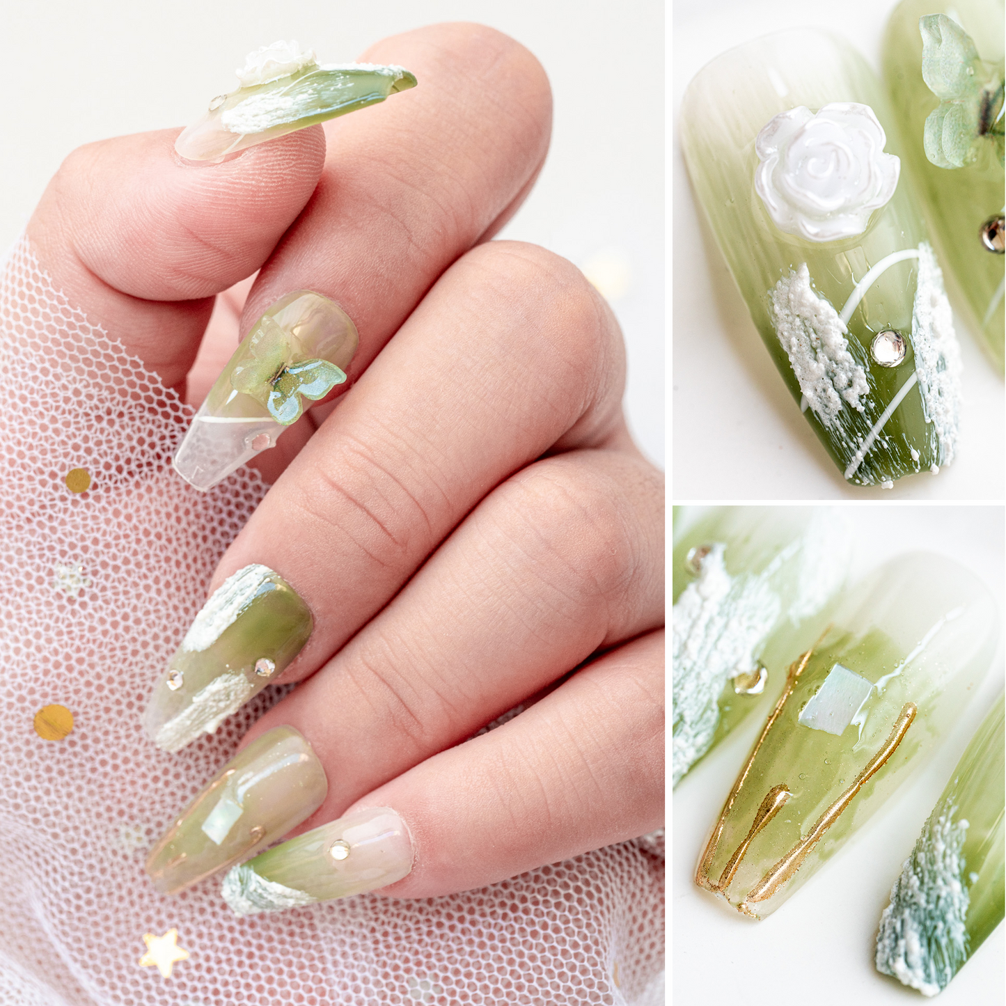 Handmade Press-on Nails Medium Long Coffin Ballerina Green White Flower Butterfly Design 10Pcs HM009