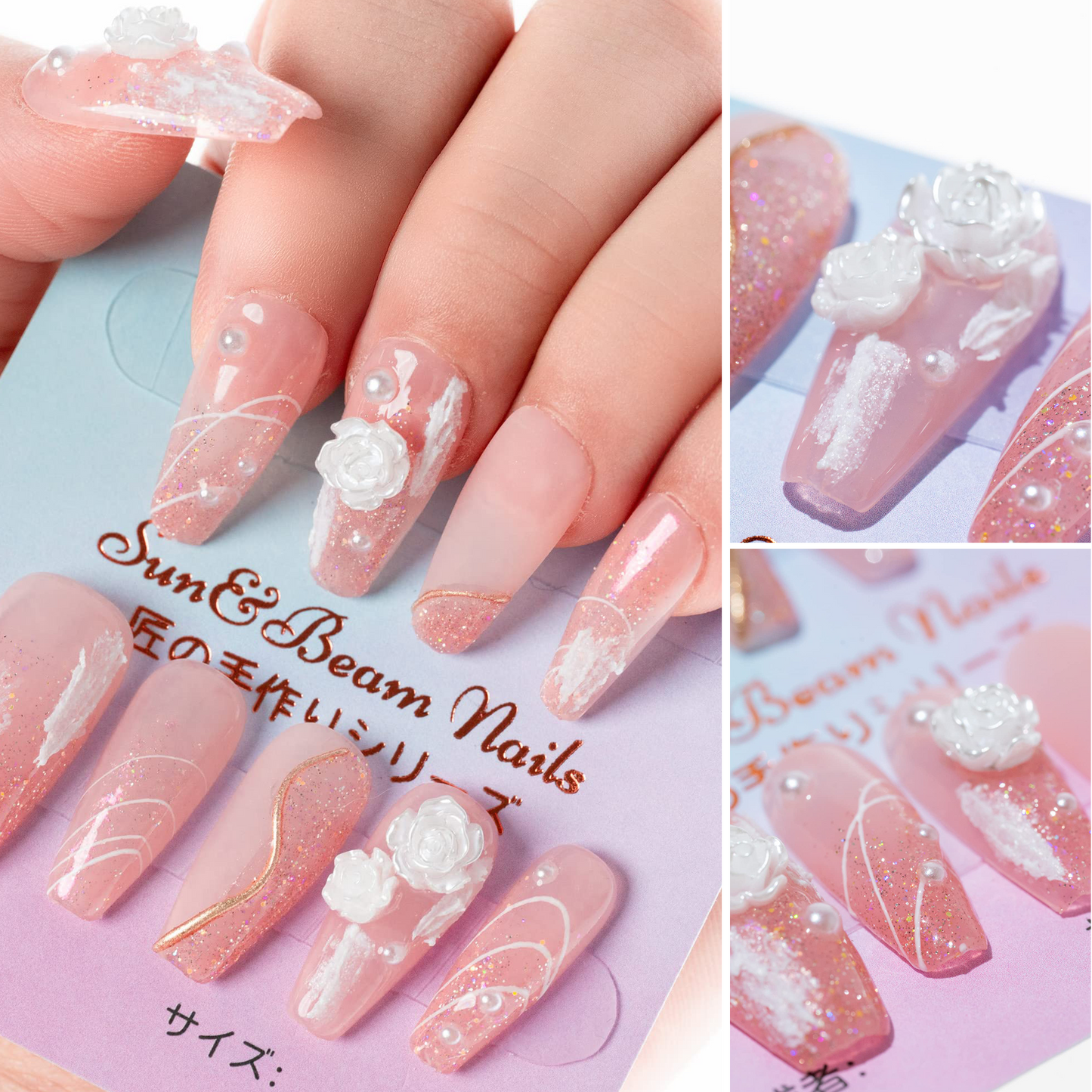 Handmade Press-on Nails Medium Long Coffin Ballerina Pink White 3D Flower Design 10Pcs HM002