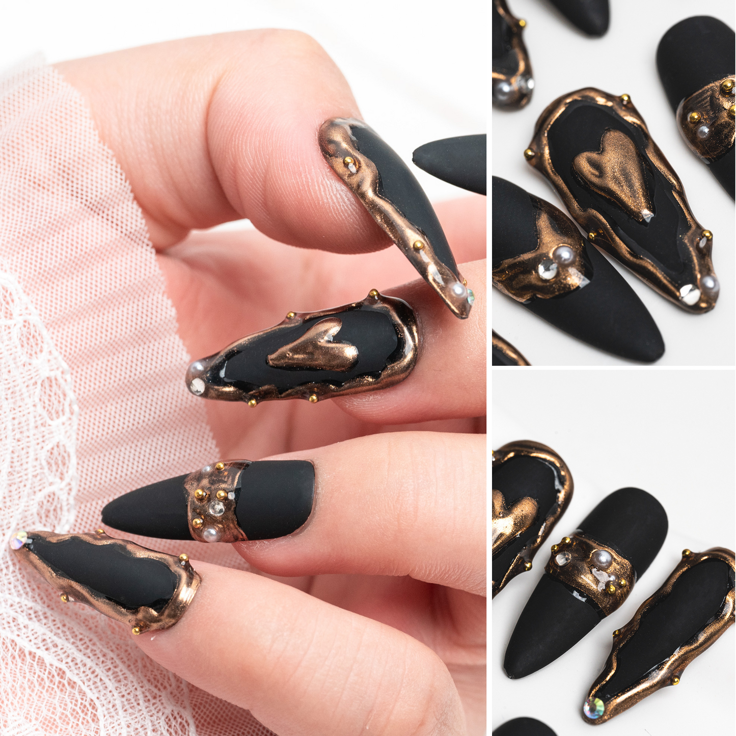 Handmade Press-on Nails Long Stiletto Amlond Black Gold Matte Design 10Pcs HM021