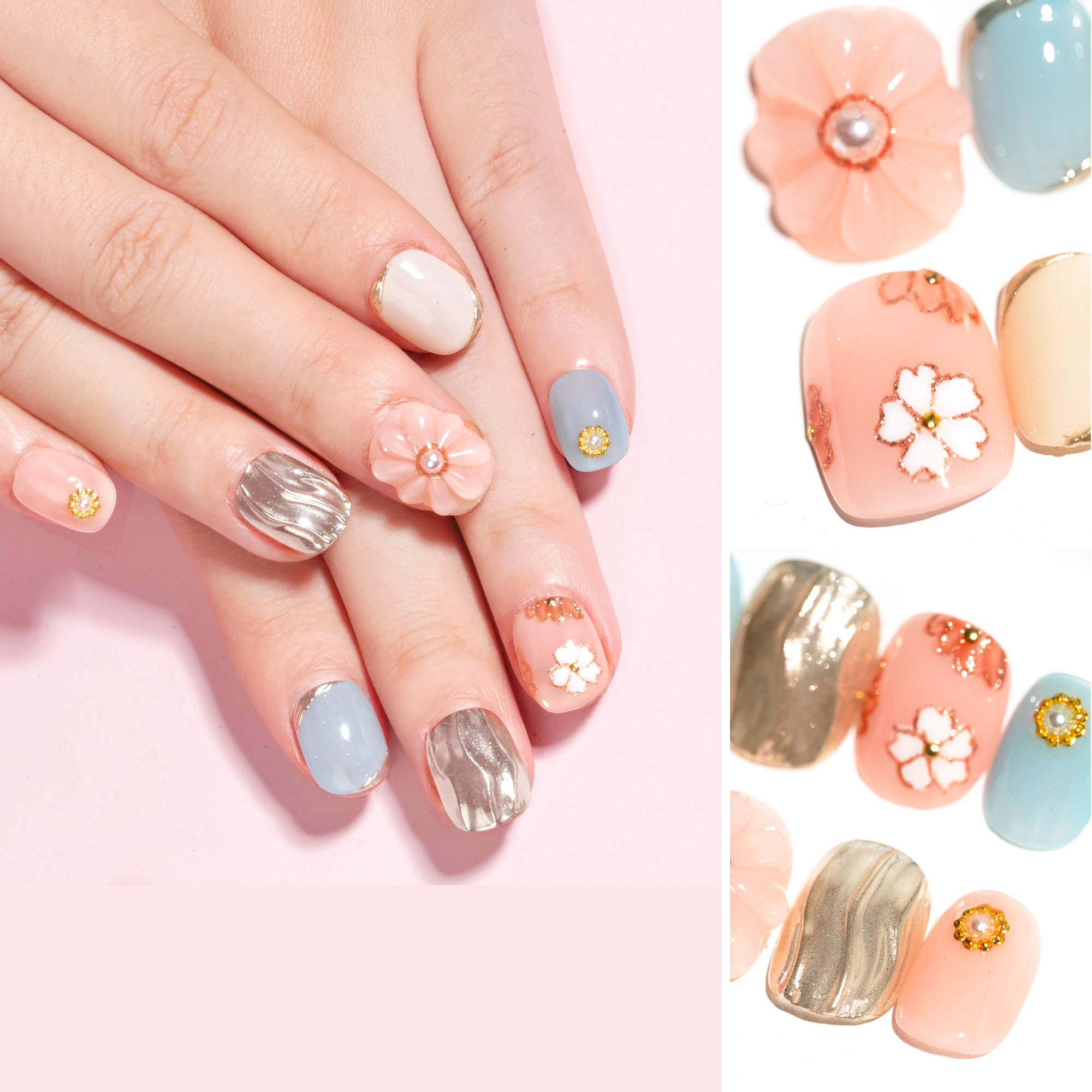 Handmade Short Squoval Round Press-On Nails - Pink Blue Gold Flower 3D Sweet 10 Pcs #100