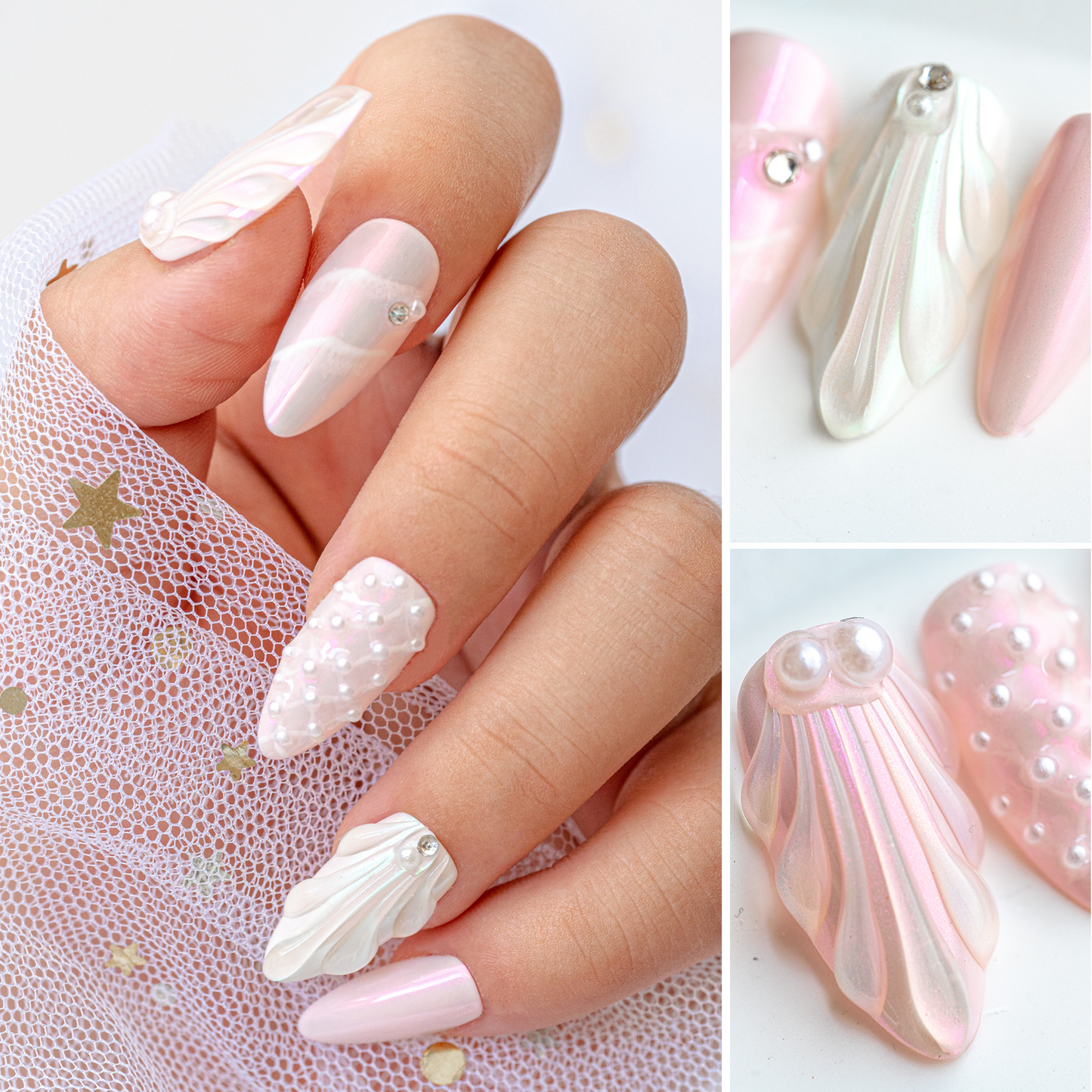 Handmade Press-on Nails Medium Long Amlond Pink White Mermaid Design 10Pcs HM011