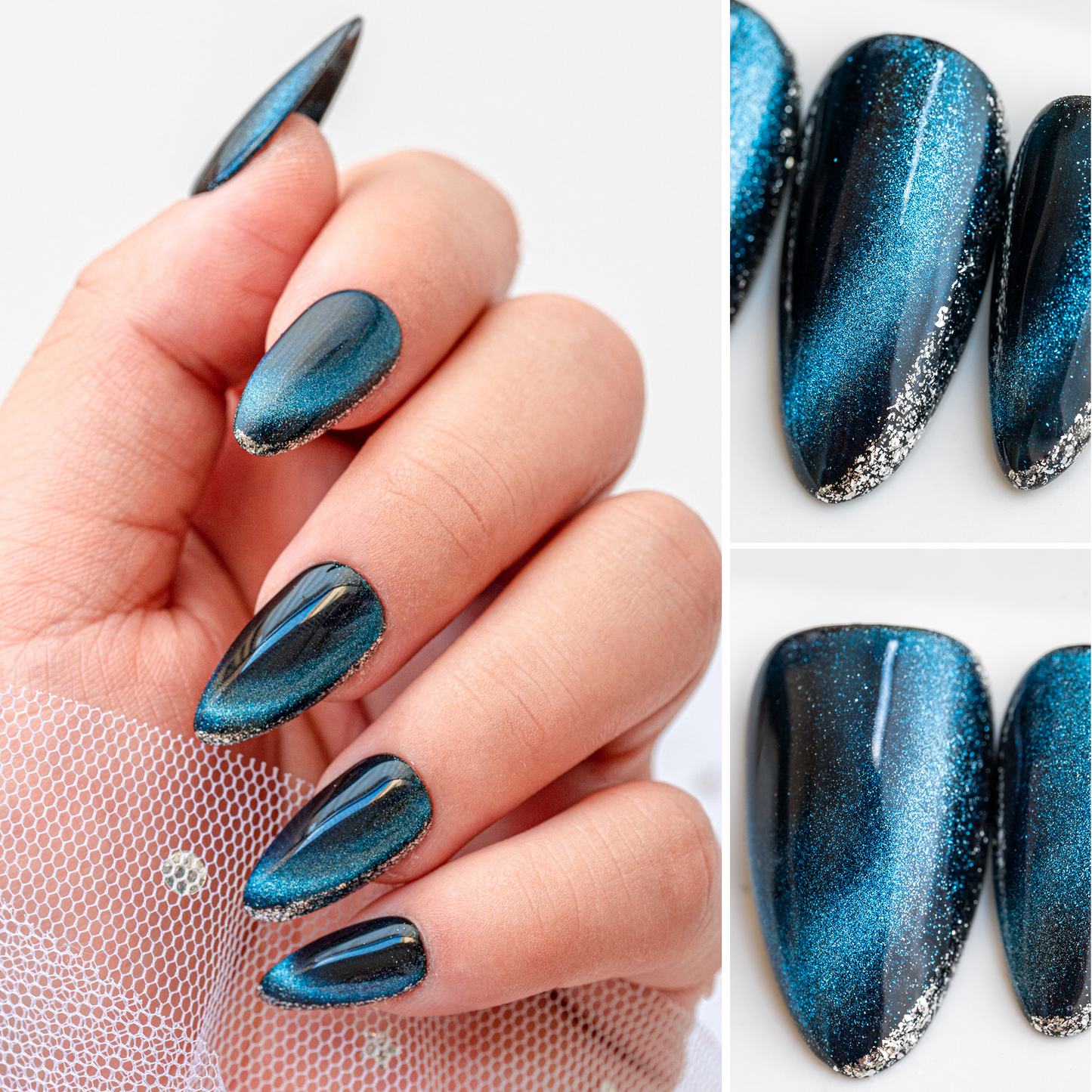 Handmade Press-on Nails Medium Long Amlond Blue Black Cat Eye Design 10Pcs HM012