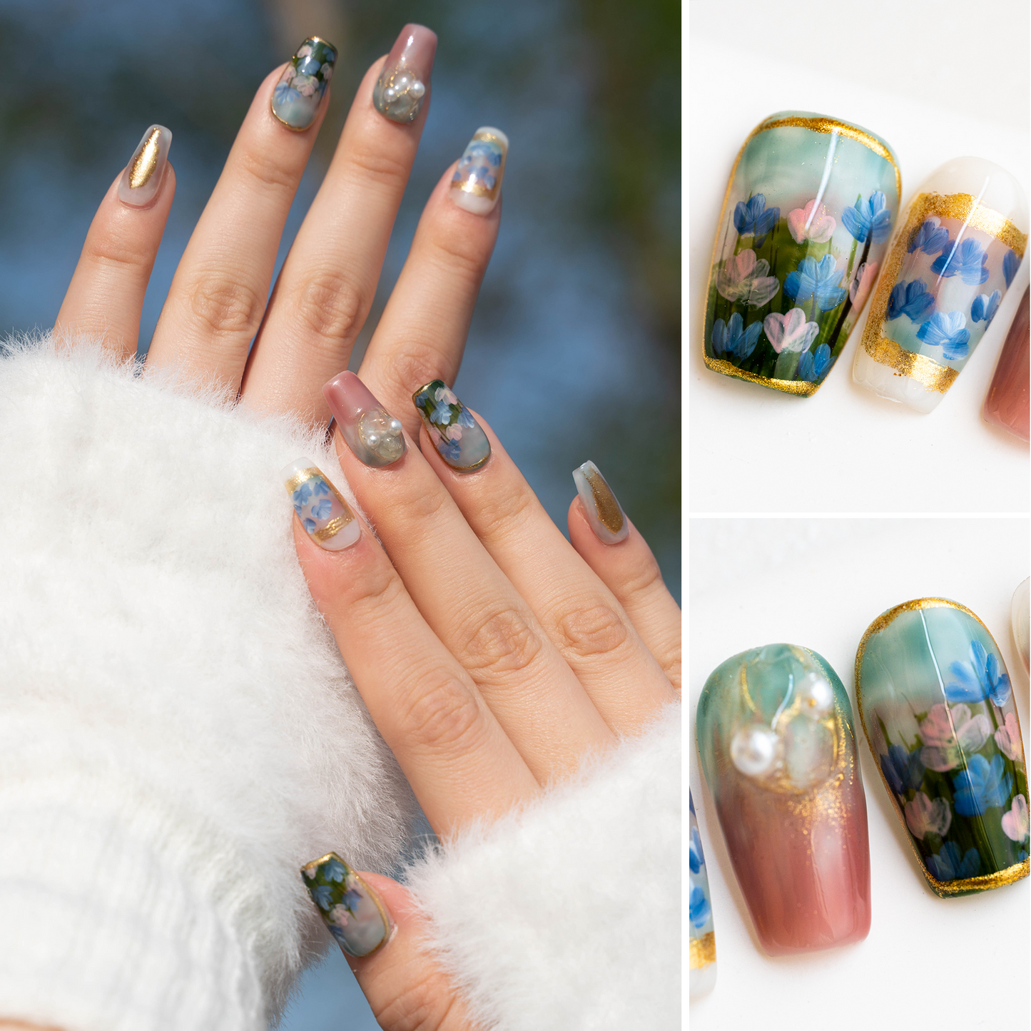 Handmade Press-on Nails Short Coffin Green Gold Colourful Painting Design 10Pcs HM013