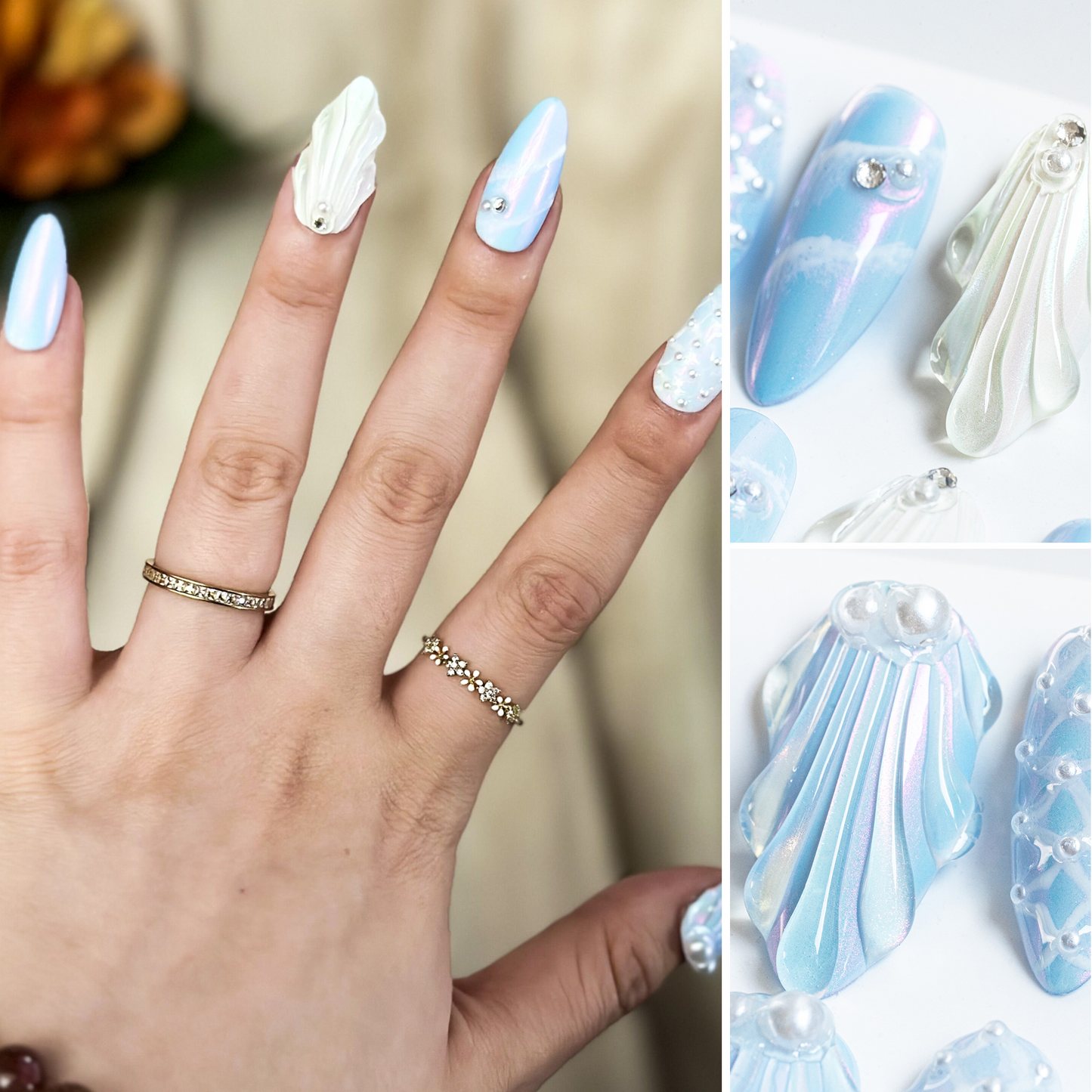 Handmade Press-on Nails Medium Long Amlond Blue White Mermaid Design 10Pcs HM028