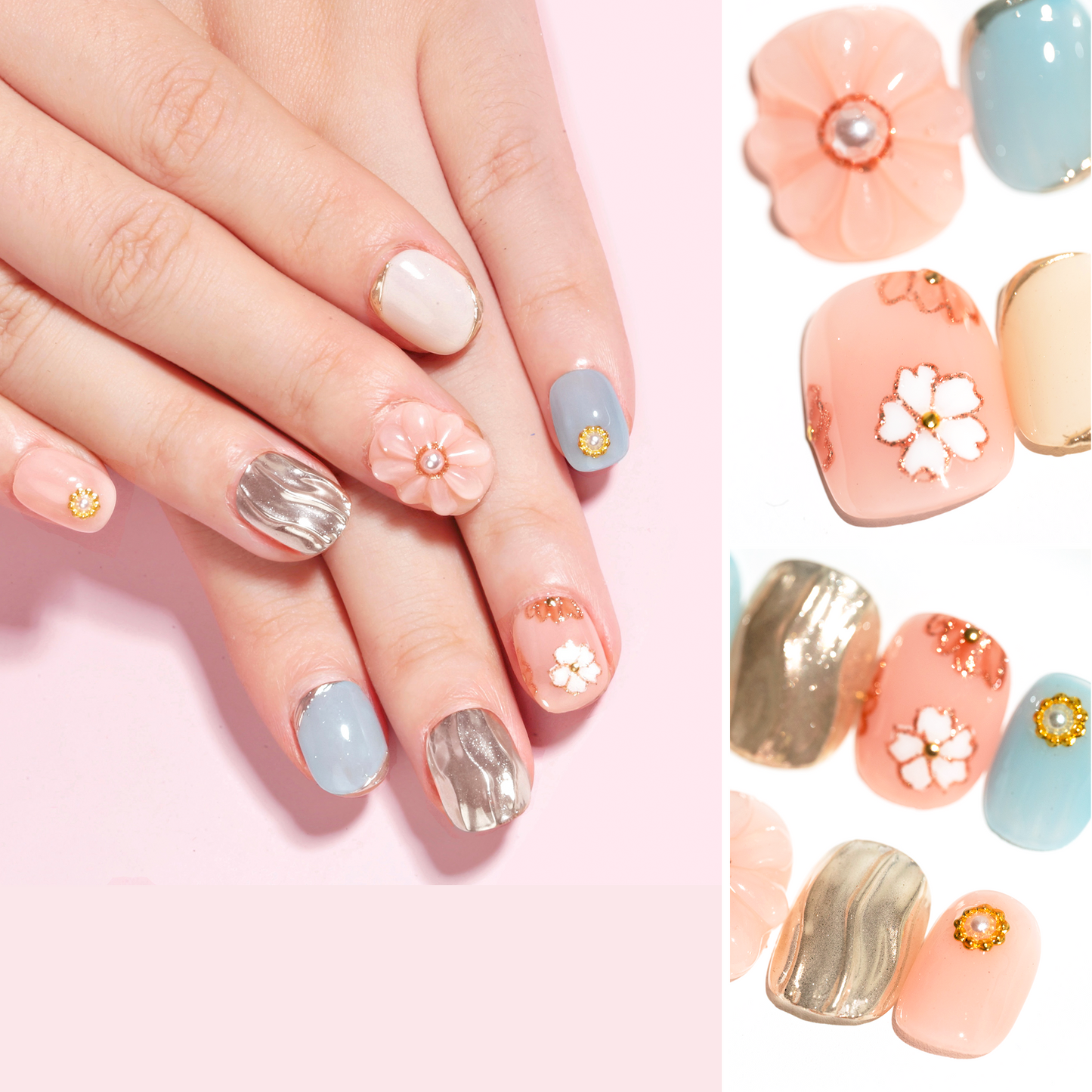 Handmade Press-on Nails Short Squoval Round Pink Blue Gold Flower Pearl Design 10 Pcs HM100