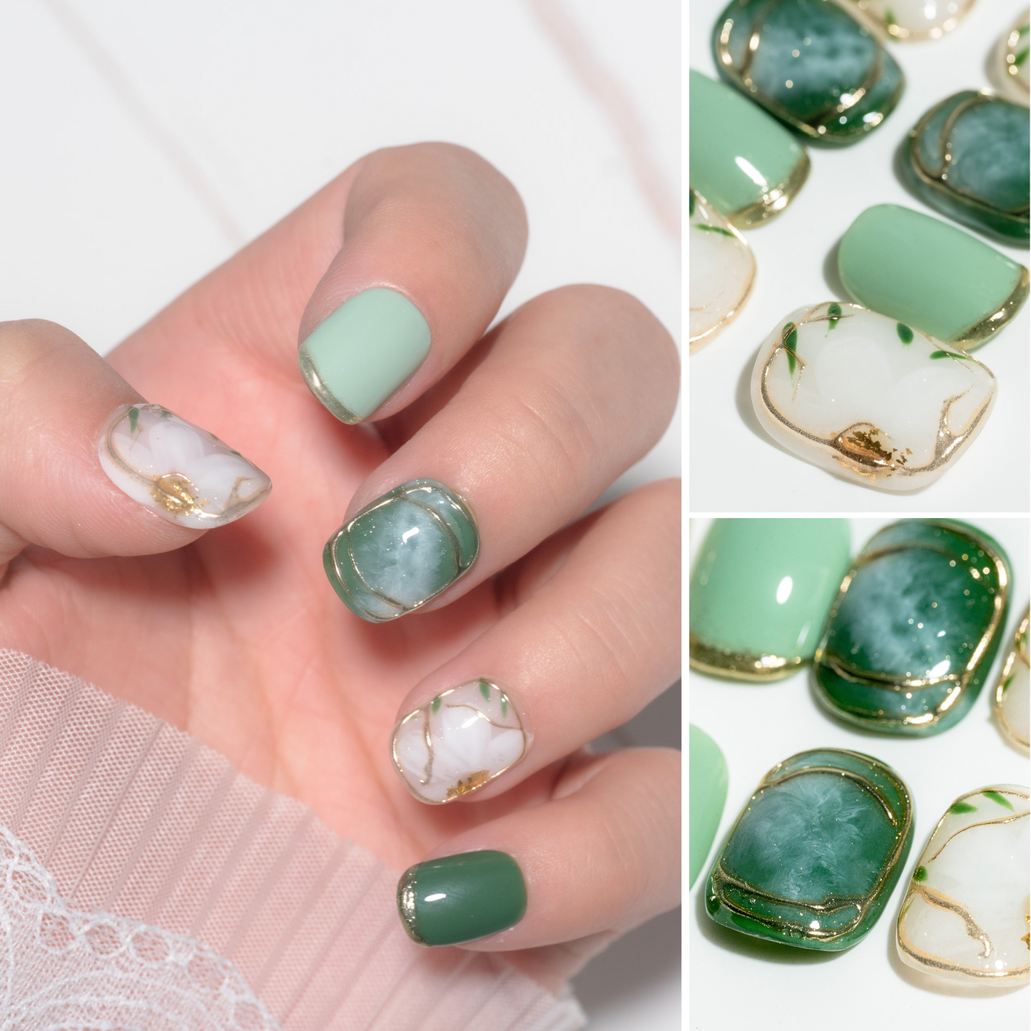 Handmade Press-on Nails Short Round Squoval Green White Flower Design 10Pcs HM033