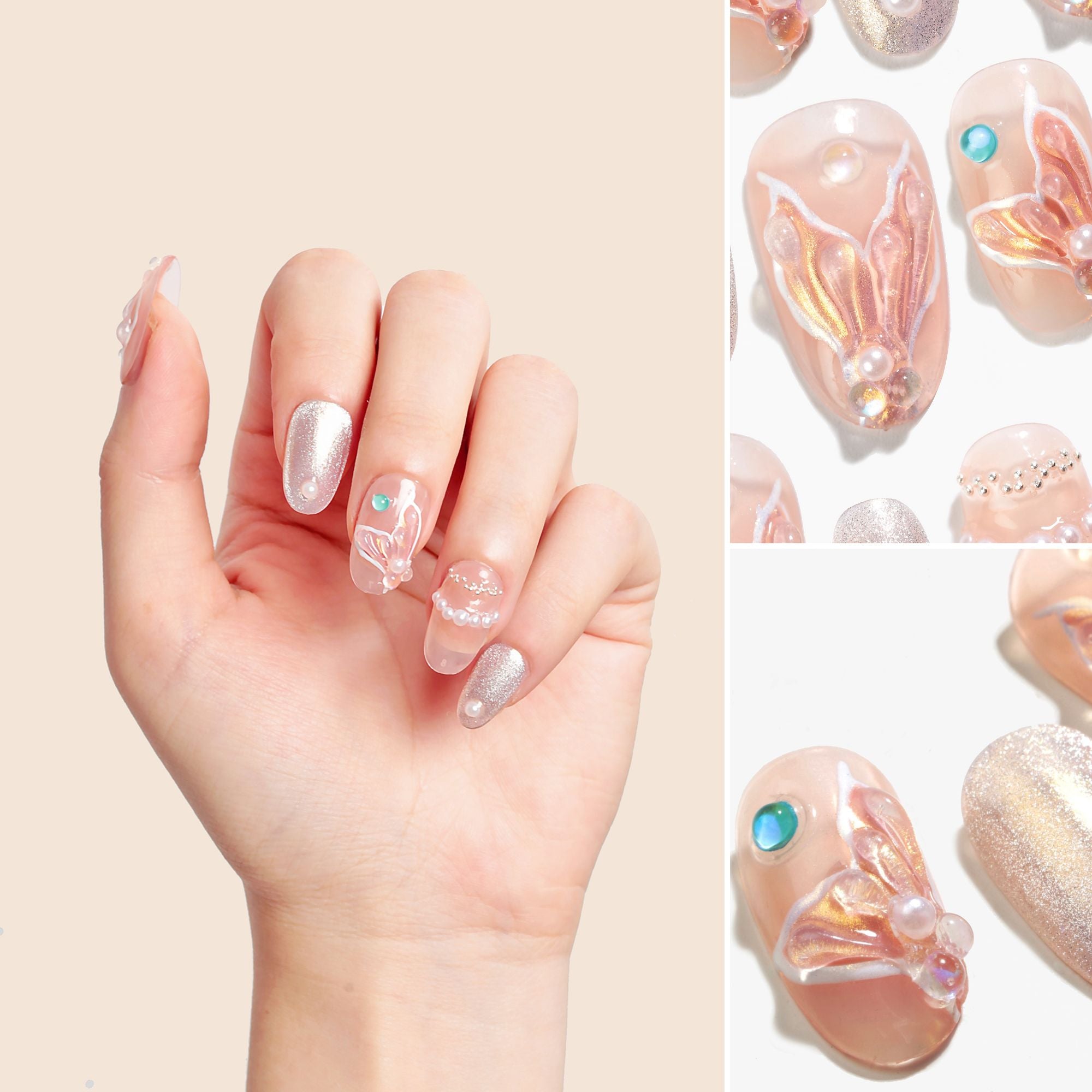 Ongles press-on faits main Moyen Ovale – Rose Blanc Perle Mignon Peint à la main 10 pièces #104