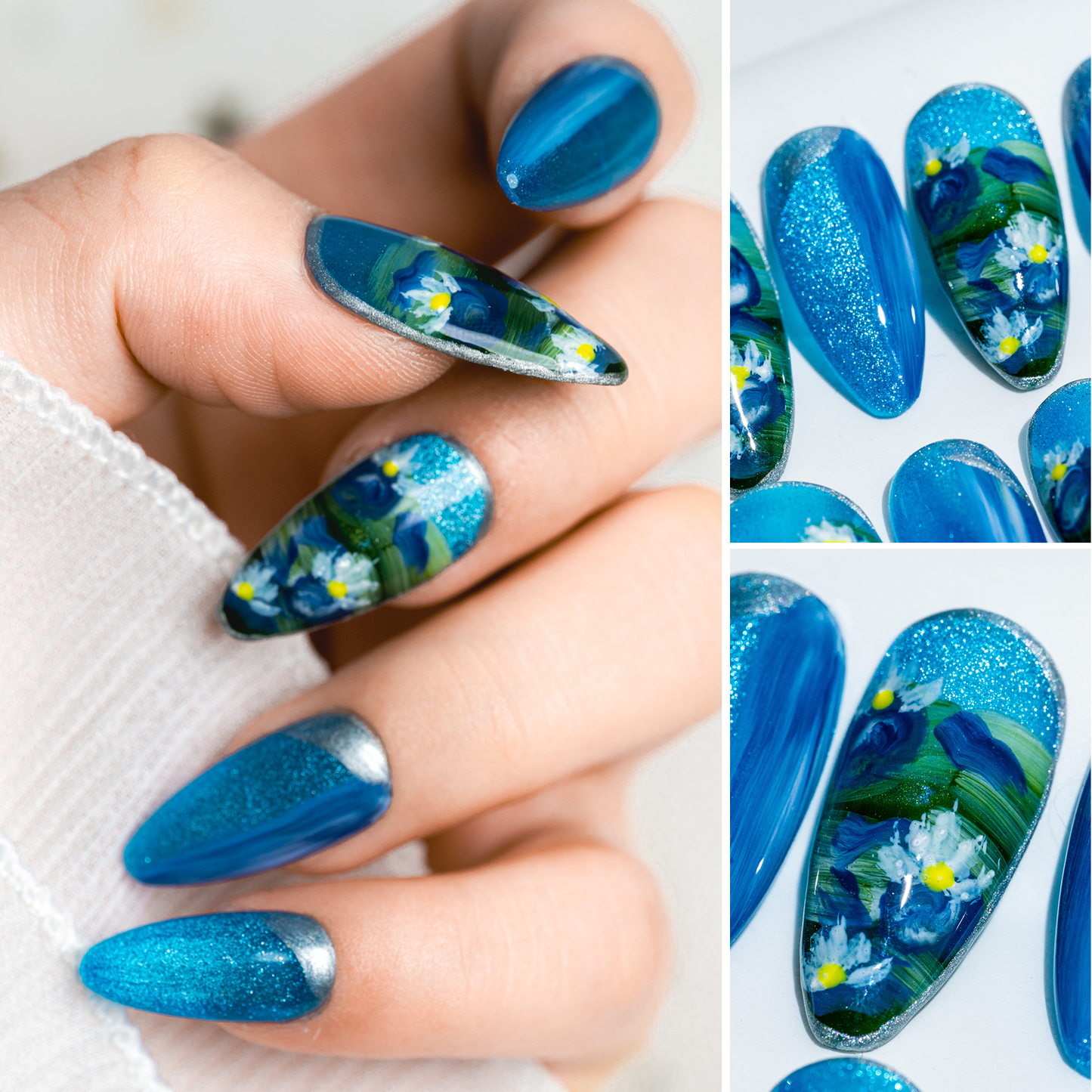 Handmade Press-on Nails Medium Long Amlond Blue Water lily Design 10Pcs HM027