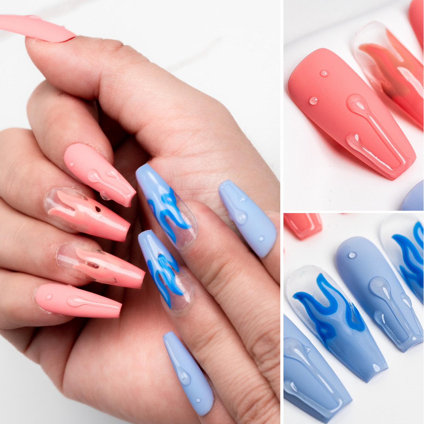 Handmade Press-on Nails Medium Long Coffin Ballerina Pink Blue Design 10Pcs HM025