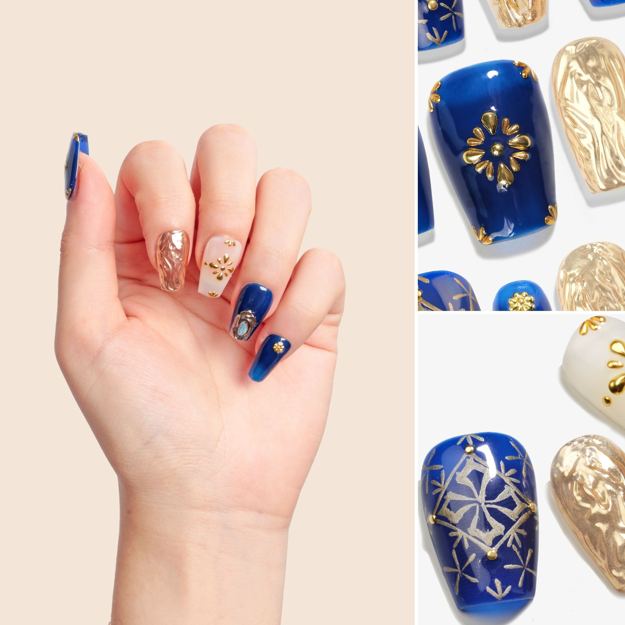 Handmade Short Coffin Ballerina Press-On Nails - Blue Gold glossy Hand-Painted Ombre 10 Pcs #102