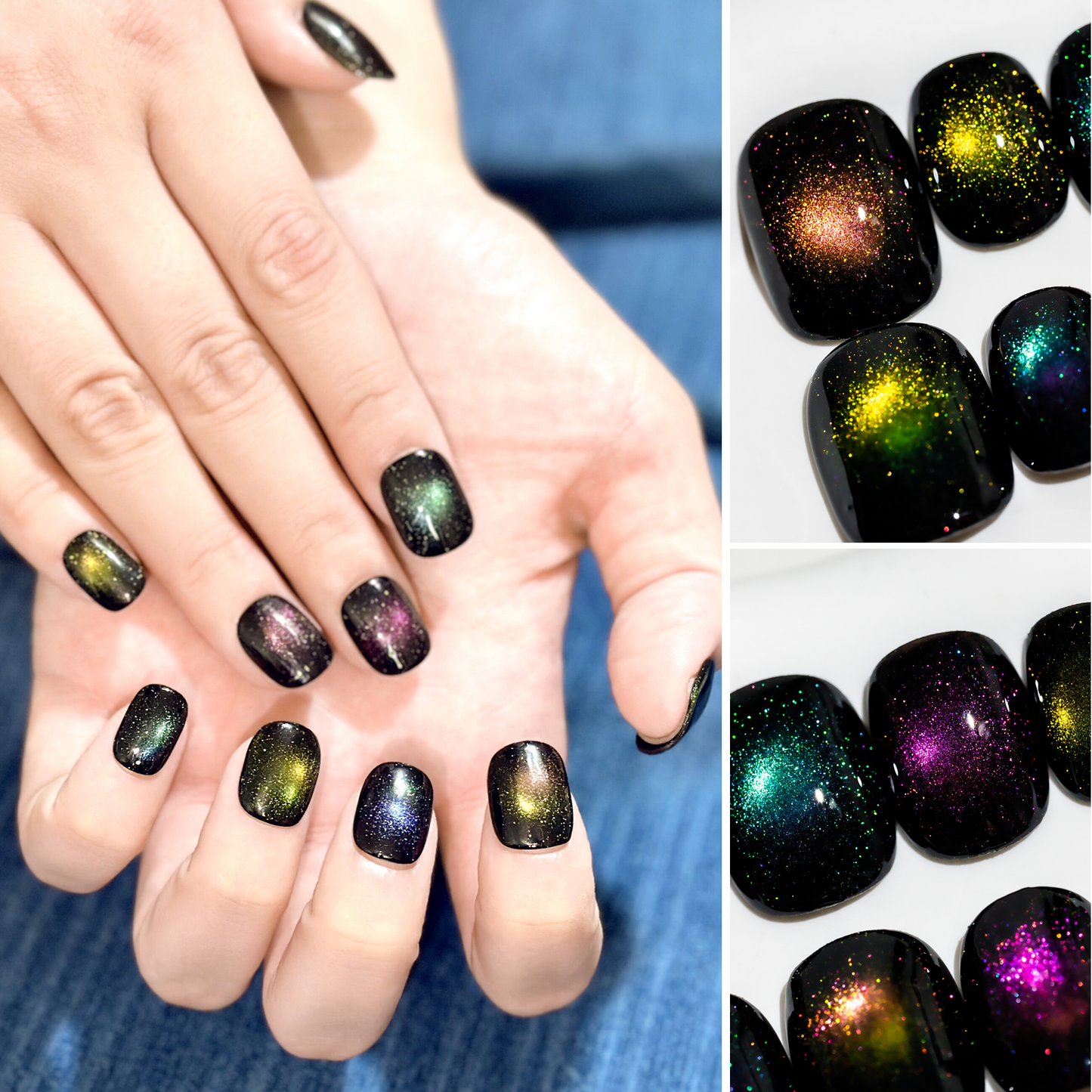 Handmade Press-on Nails Short Squoval Round Black Colorful Cat Eye Design 10 Pcs HM091