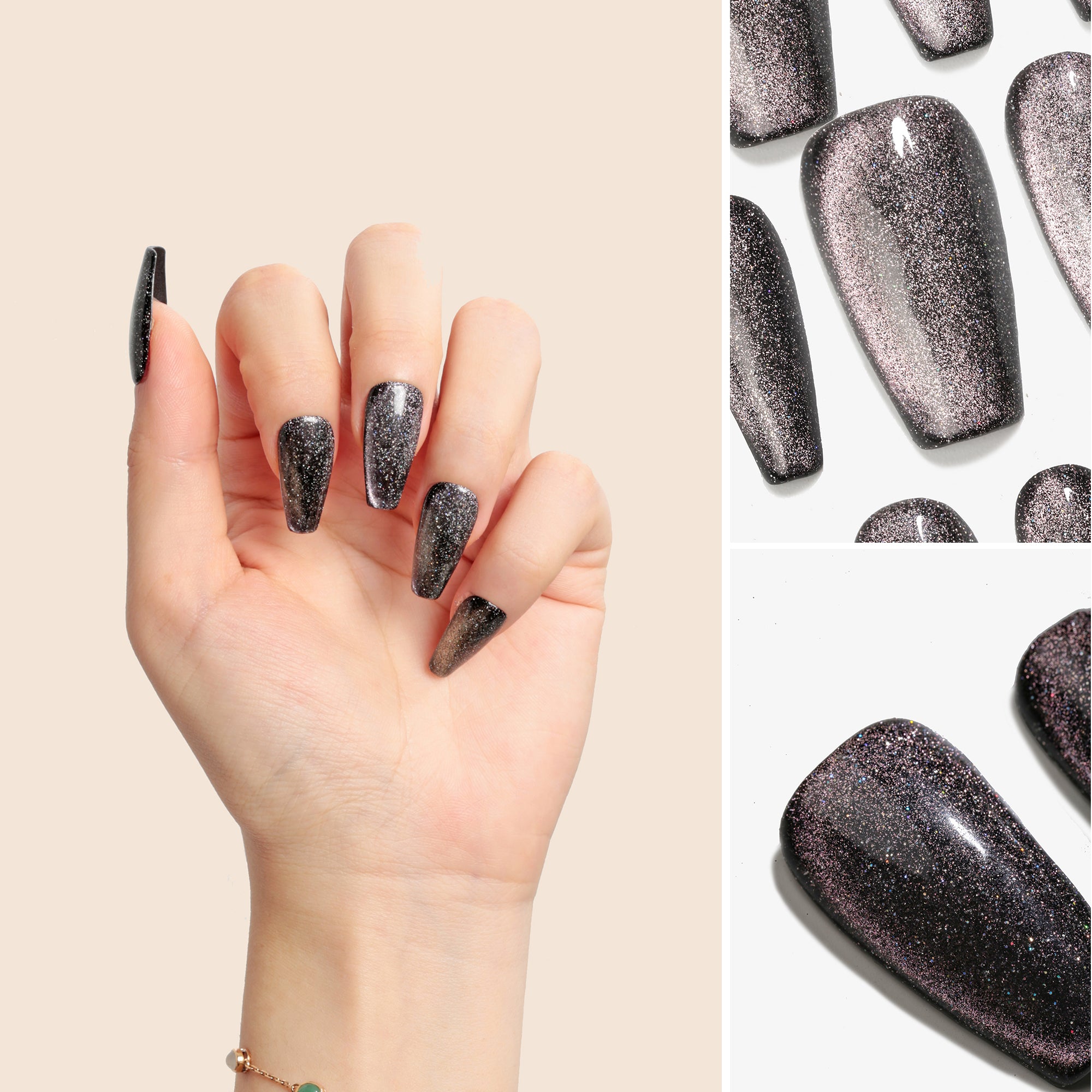 ハンドメイド ミディアム コフィン バレリーナ ネイルチップ– ブラック ピンク マグネット シンプル グロッシー 10枚セット #106