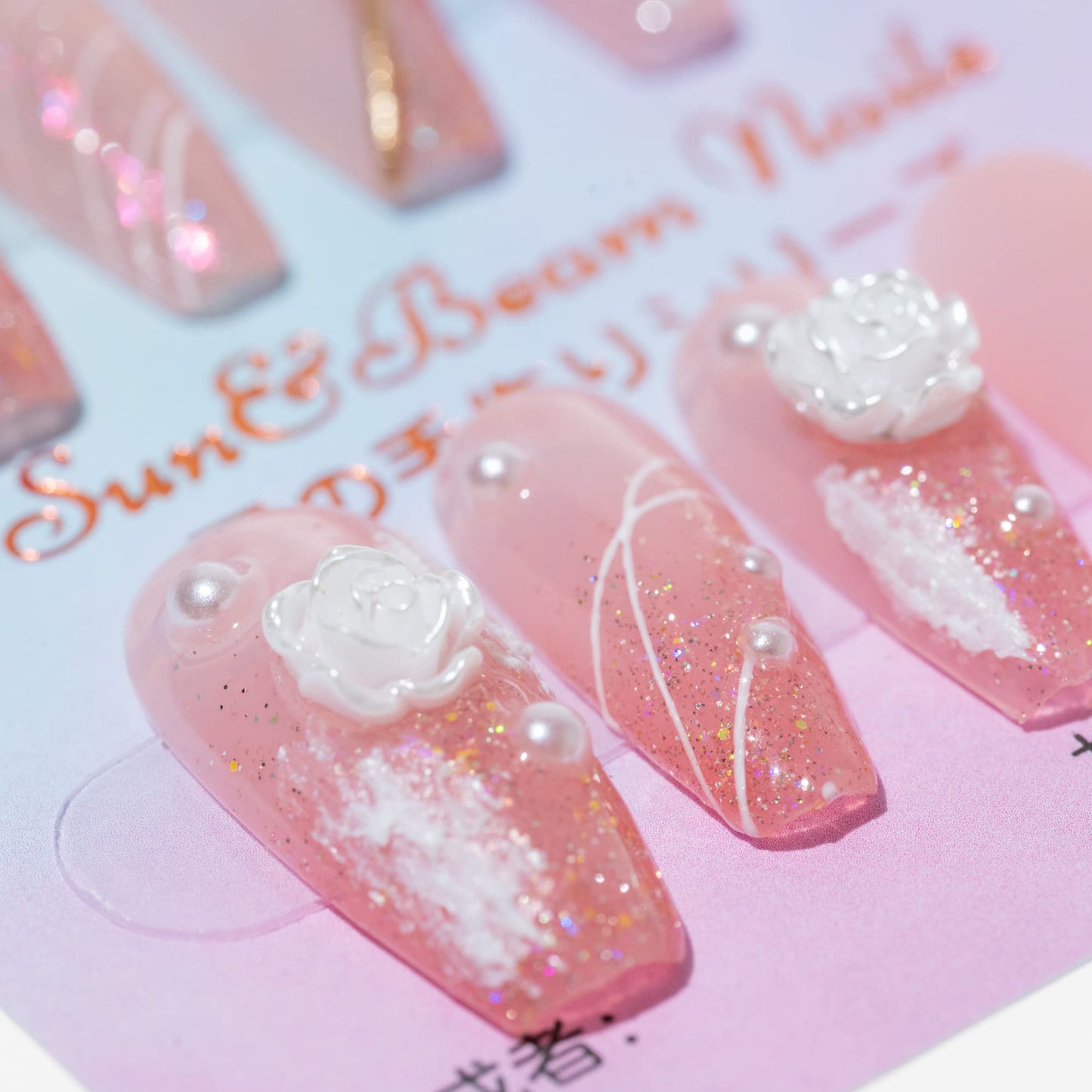 Handmade Press-on Nails Medium Long Coffin Ballerina Pink White 3D Flower Design 10Pcs HM002