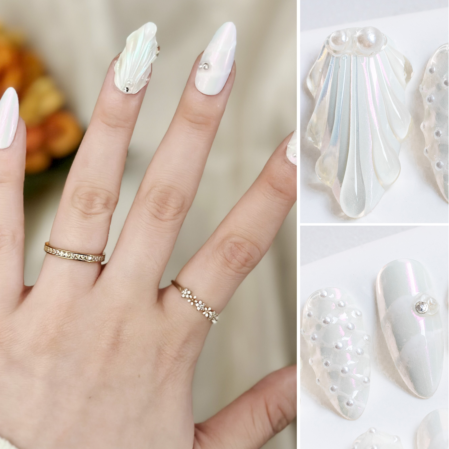 Handmade Press-on Nails Medium Long Amlond White Mermaid Design 10Pcs HM030