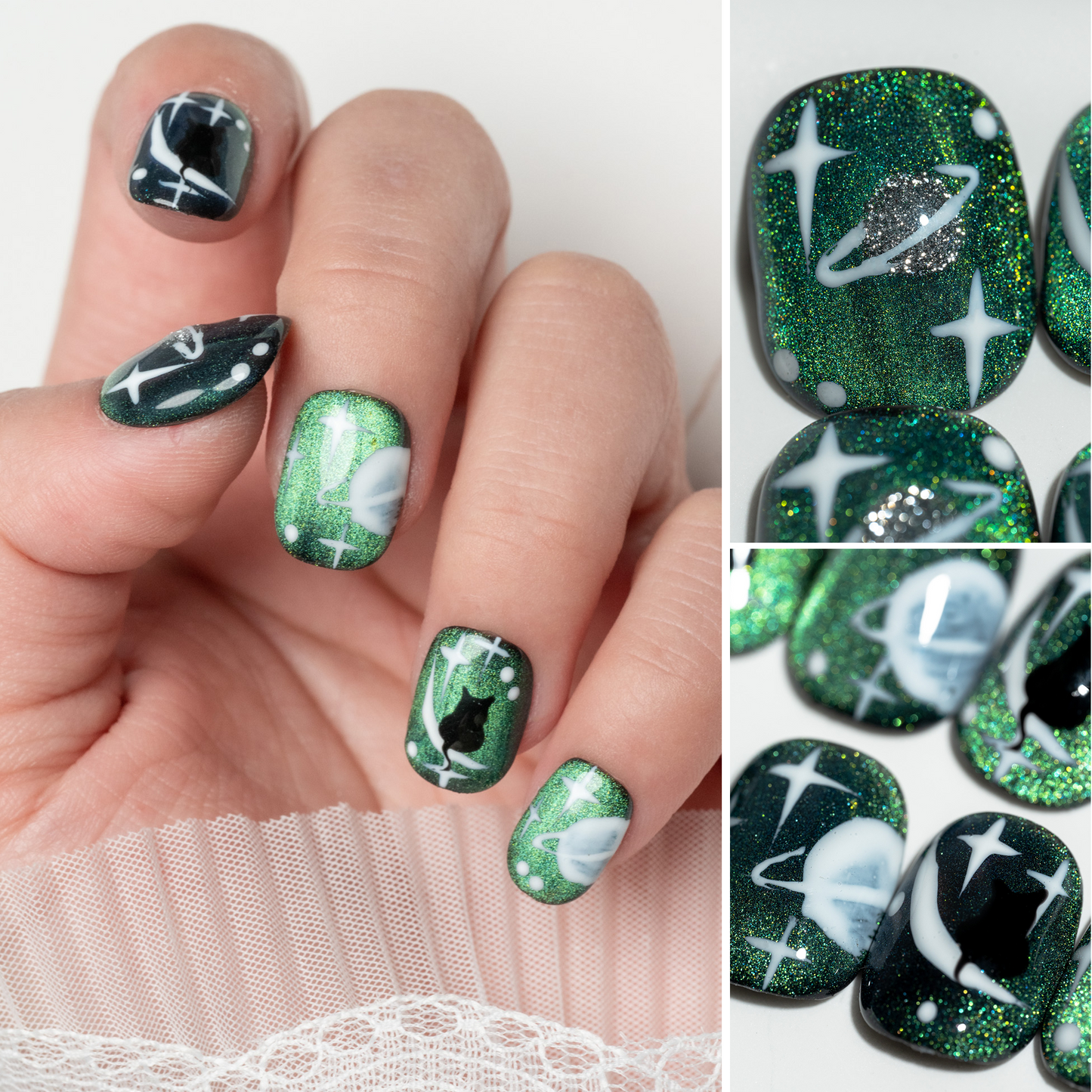 Handmade Press-on Nails Short Round Squoval Green Black Cat Eye Design 10Pcs HM034