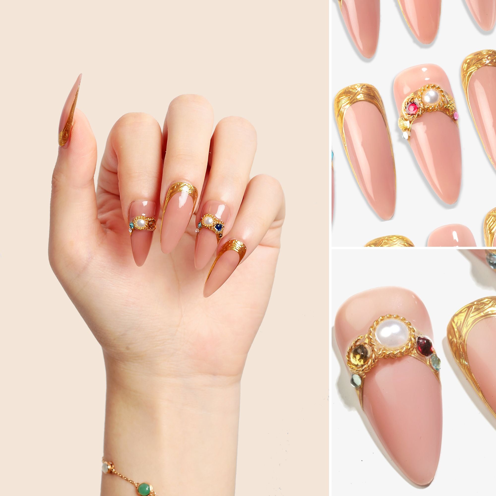 Ongles press-on faits main Long Stiletto Amande – Rose Doré Beige nude Perle Français Élégant 10 pièces #103