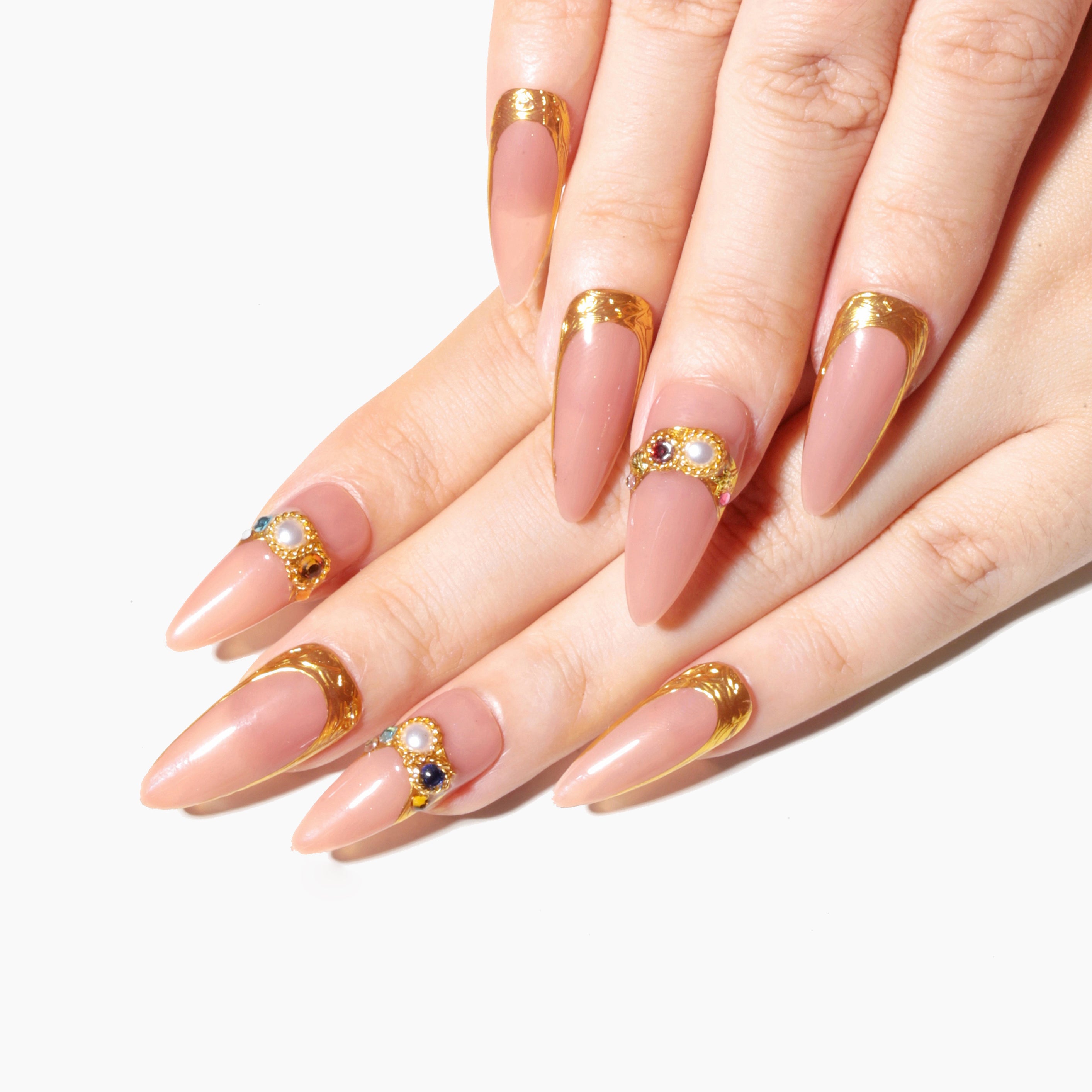Handmade Long Stiletto Amlond Press-On Nails - Pink Gold Nude Beige Pearl French Elegant 10 Pcs #103