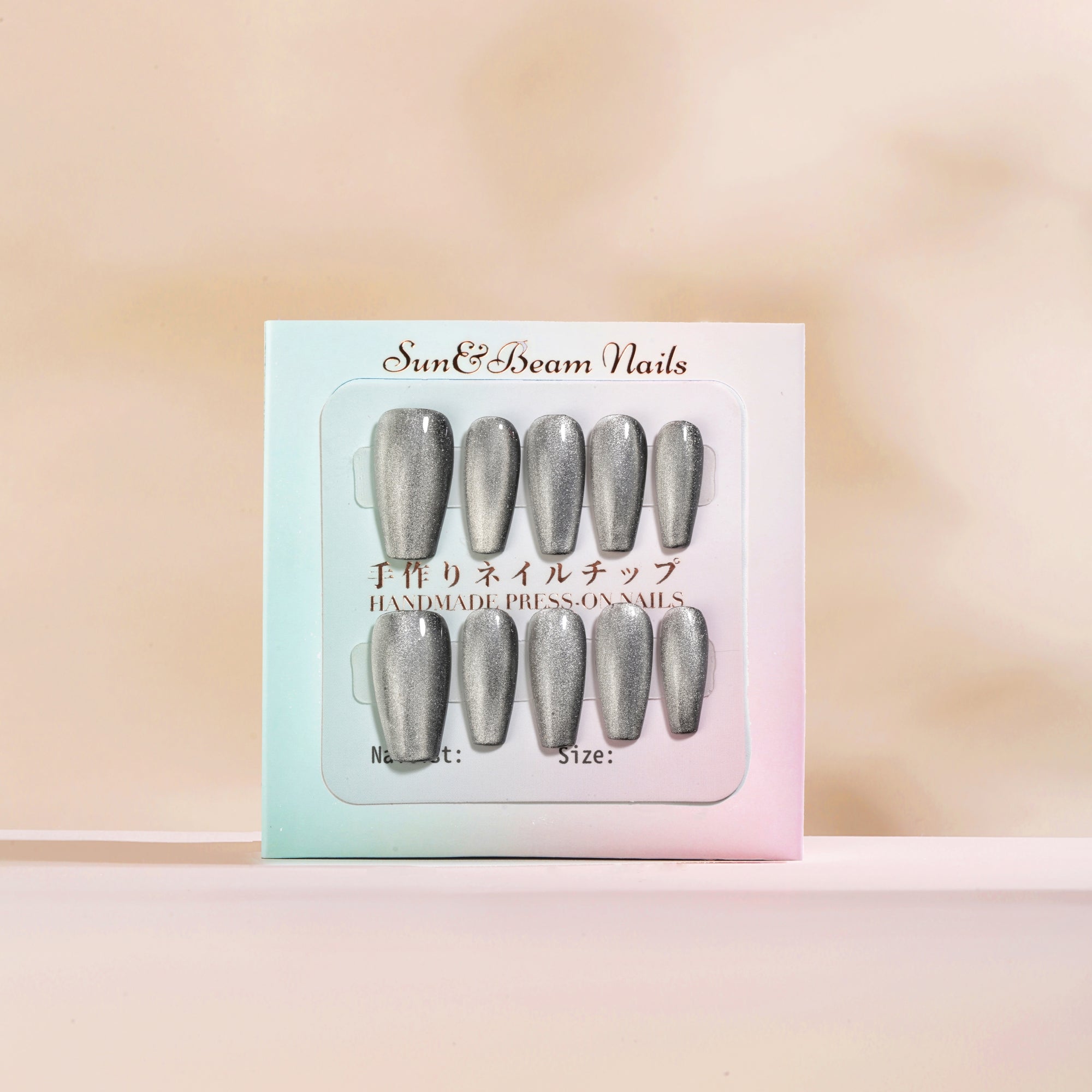 Handmade Medium Coffin Ballerina Press-On Nails - Silver Magnet Minimalist glossy 10 Pcs #105