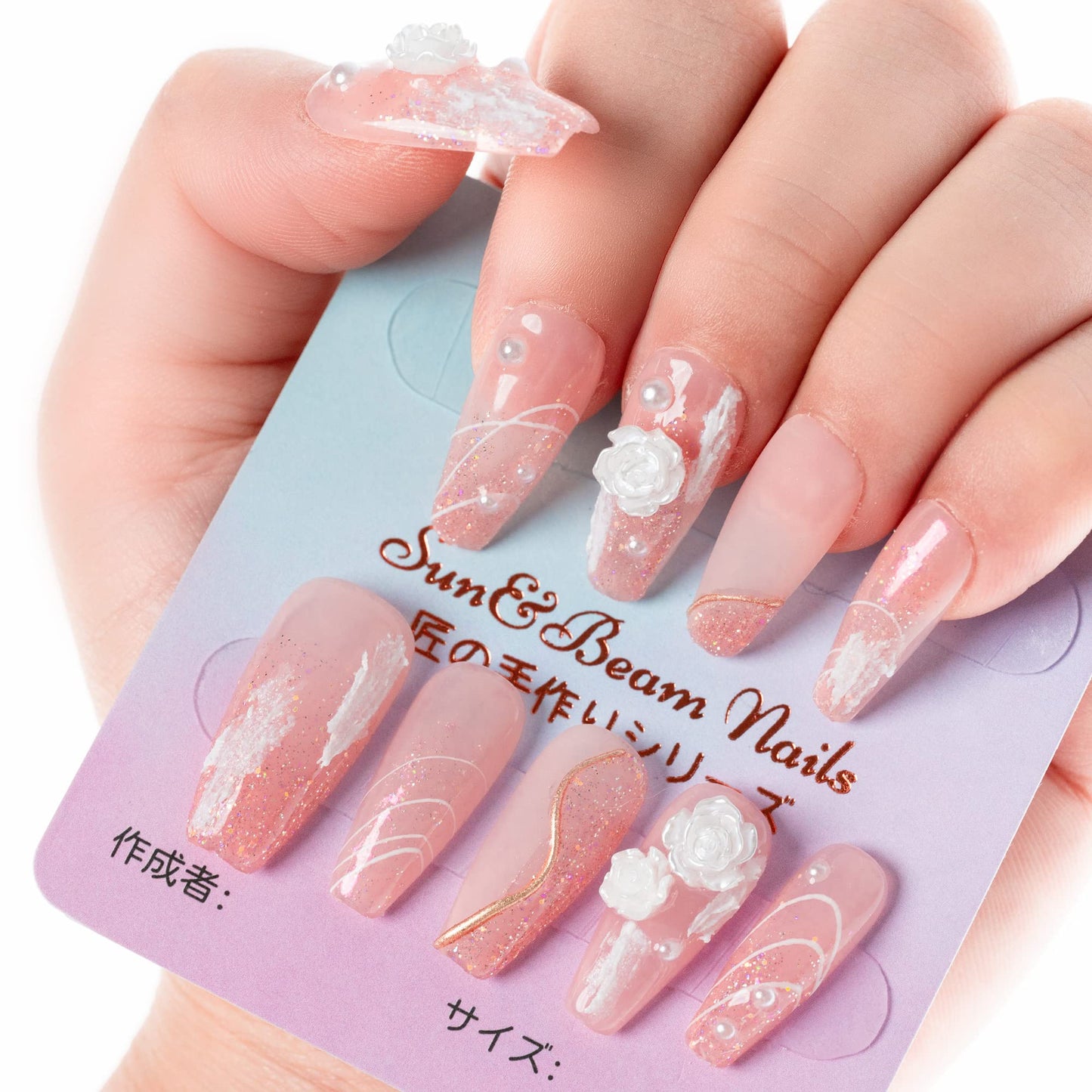 Handmade Press-on Nails Medium Long Coffin Ballerina Pink White 3D Flower Design 10Pcs HM002