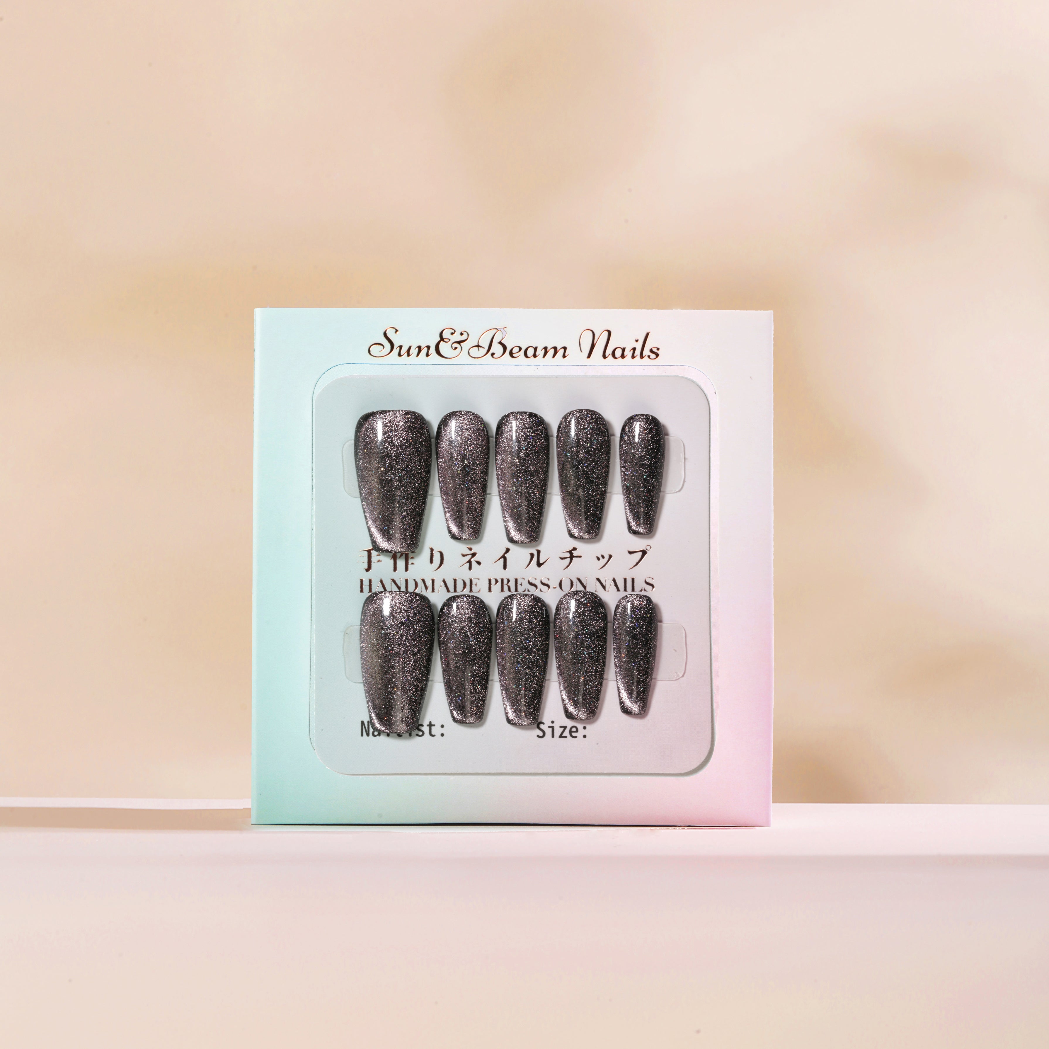 Handmade Medium Coffin Ballerina Press-On Nails - Black Pink Magnet Minimalist glossy 10 Pcs #106