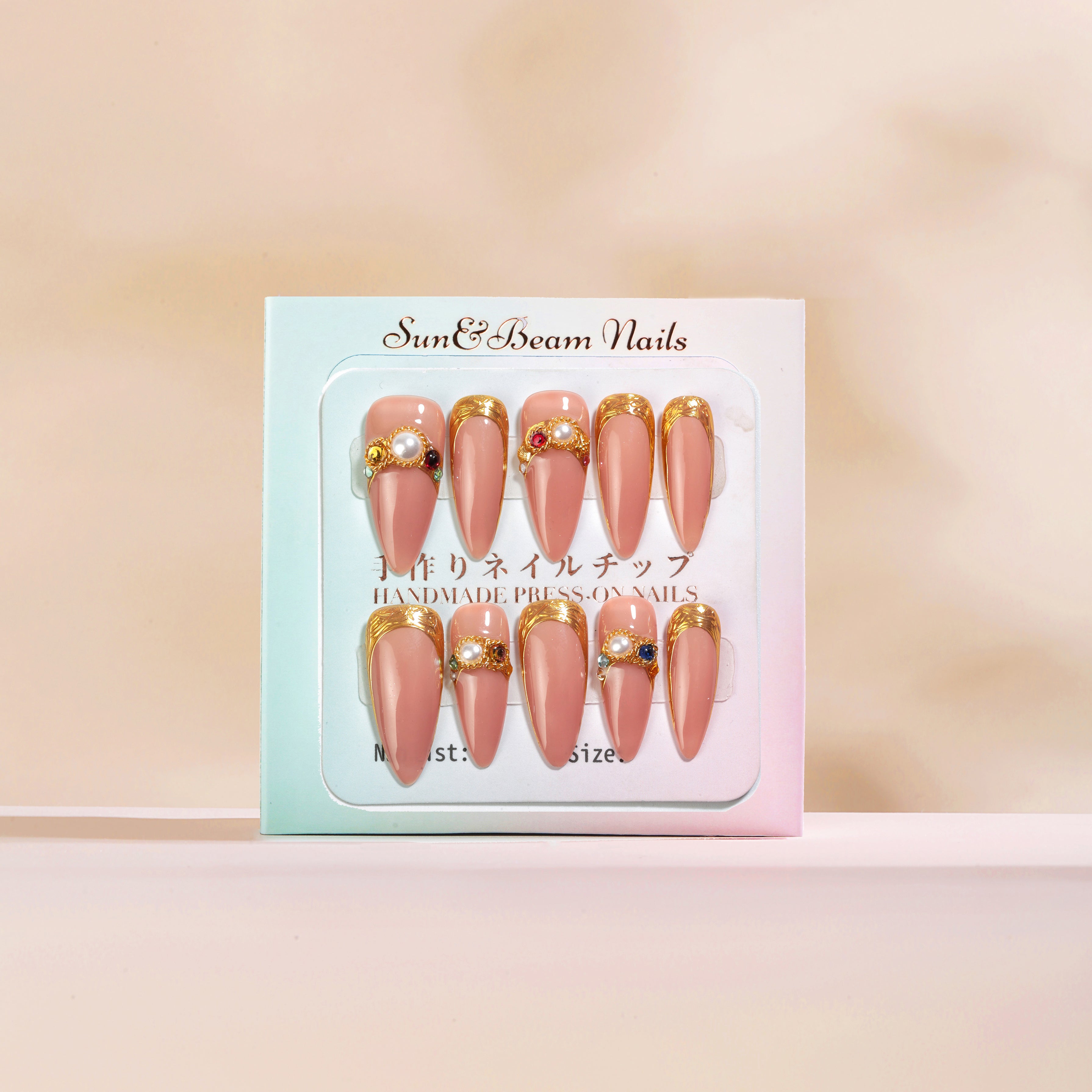 Handmade Long Stiletto Amlond Press-On Nails - Pink Gold Nude Beige Pearl French Elegant 10 Pcs #103
