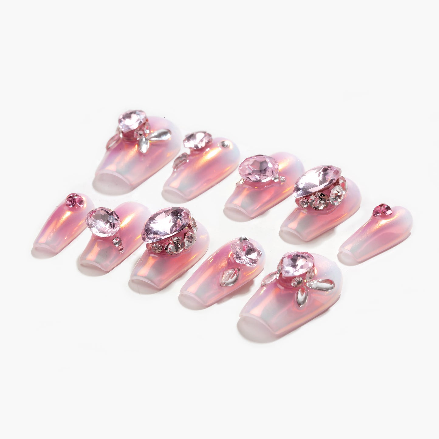 Handmade Press-on Short Coffin Pink Metallic Rhinestone Design 10 Pcs HM101