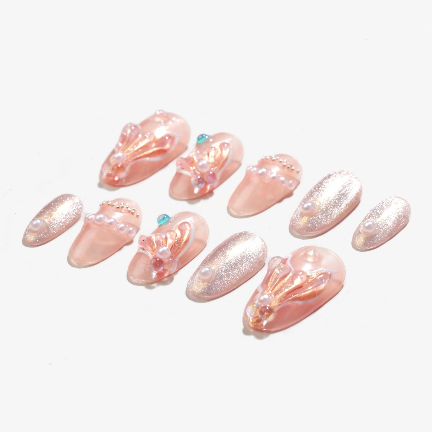 Handmade Press-on Medium Long Oval Beige Pink Mermaid Design 10 Pcs HM104