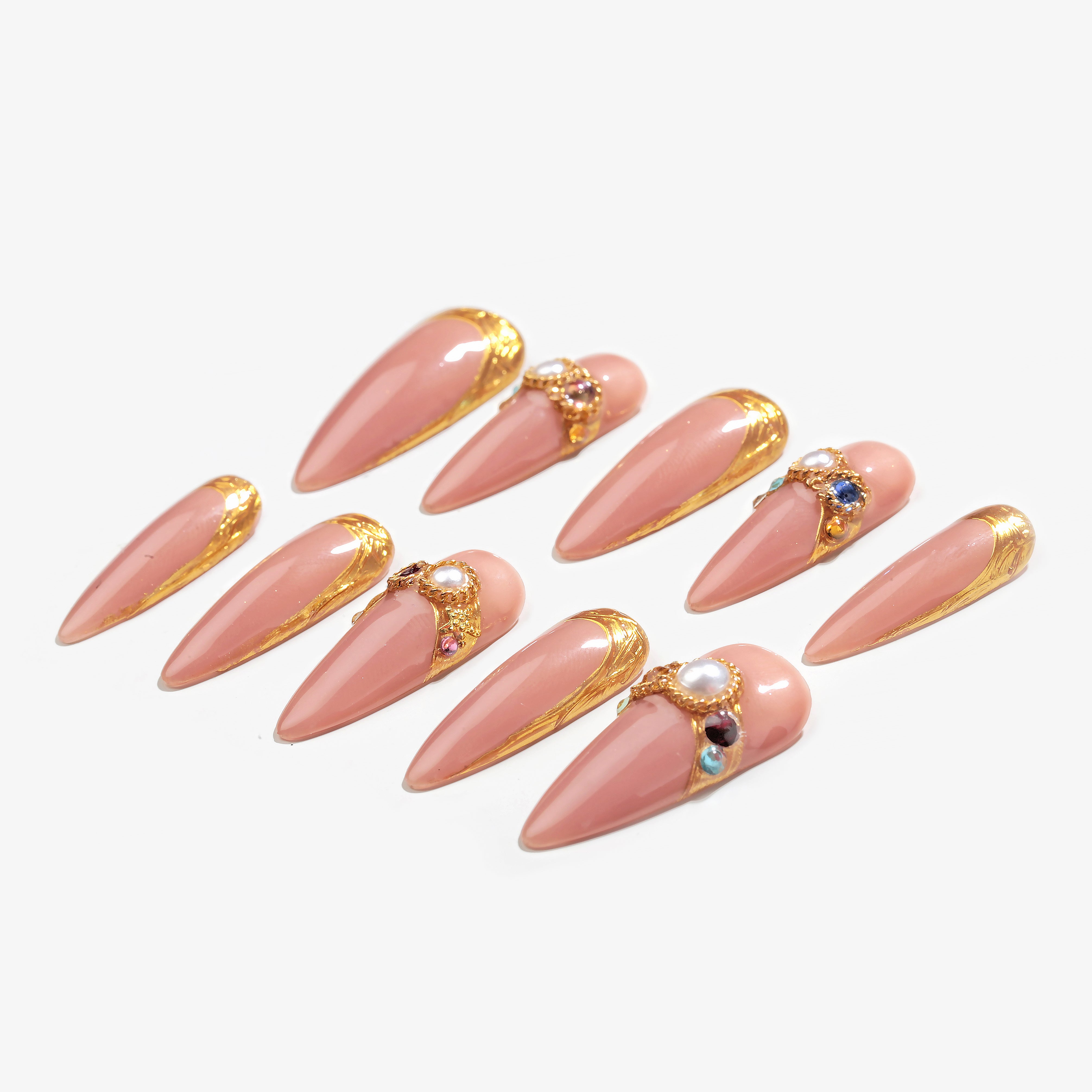 Handmade Long Stiletto Amlond Press-On Nails - Pink Gold Nude Beige Pearl French Elegant 10 Pcs #103