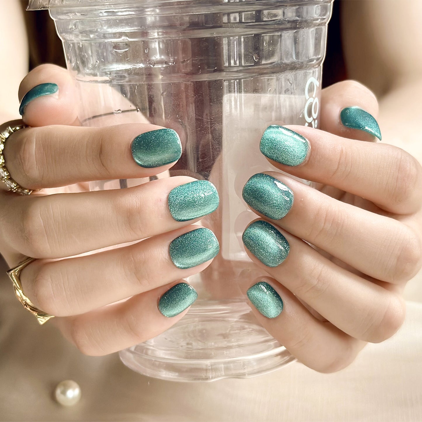 Handmade Press-on Nails Short Squoval Round Turquoise Solid Color Cat Eye Design 10 Pcs HM093