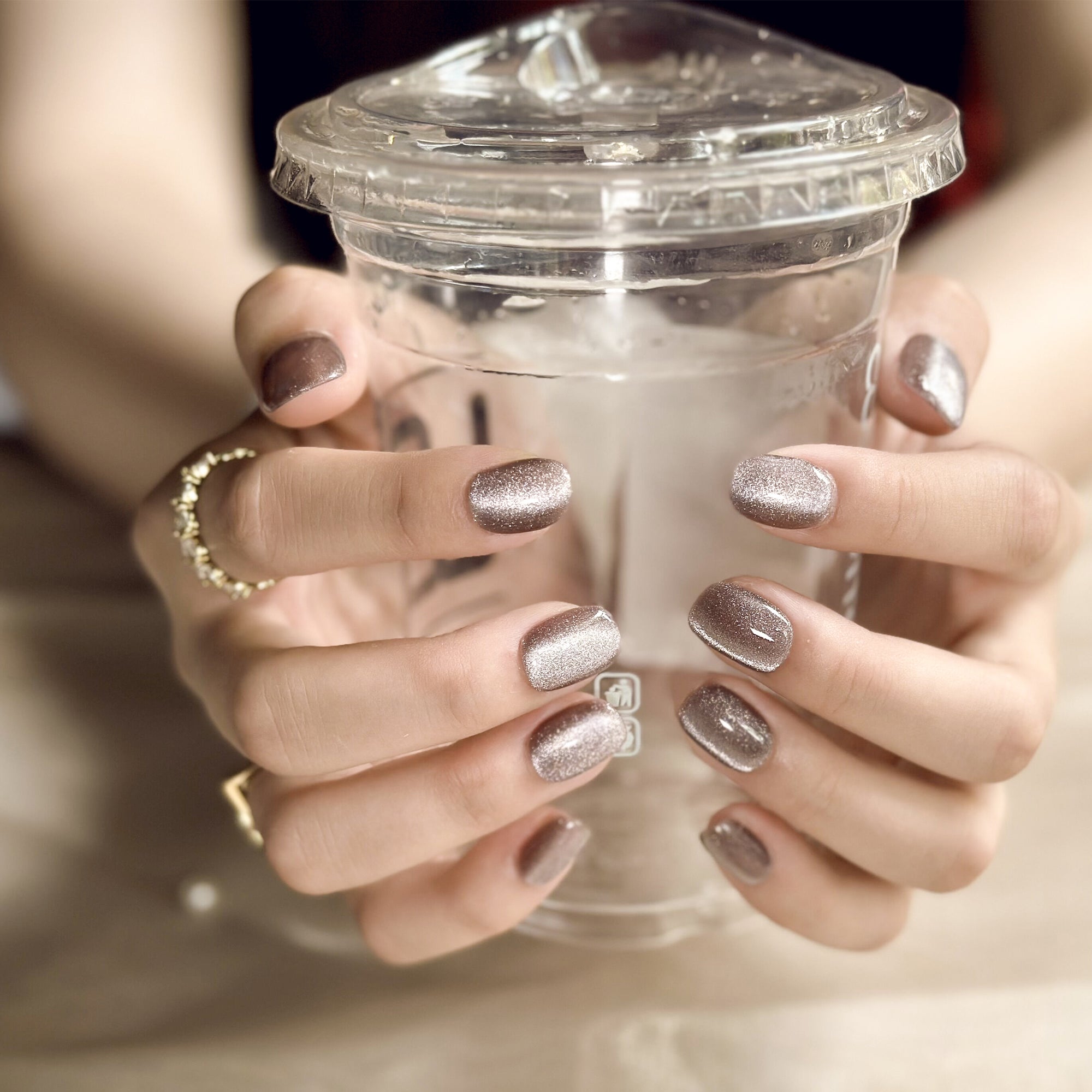 Handmade Short Squoval Round Press-On Nails - Coffee Brown Magnet Solid Color glossy 10 Pcs #096