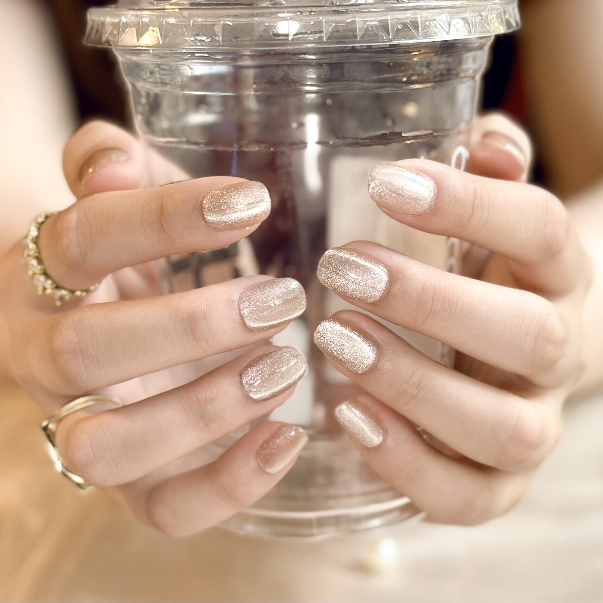 Handmade Short Squoval Round Press-On Nails - Nude Beige Magnet Solid Color glossy 10 Pcs #095