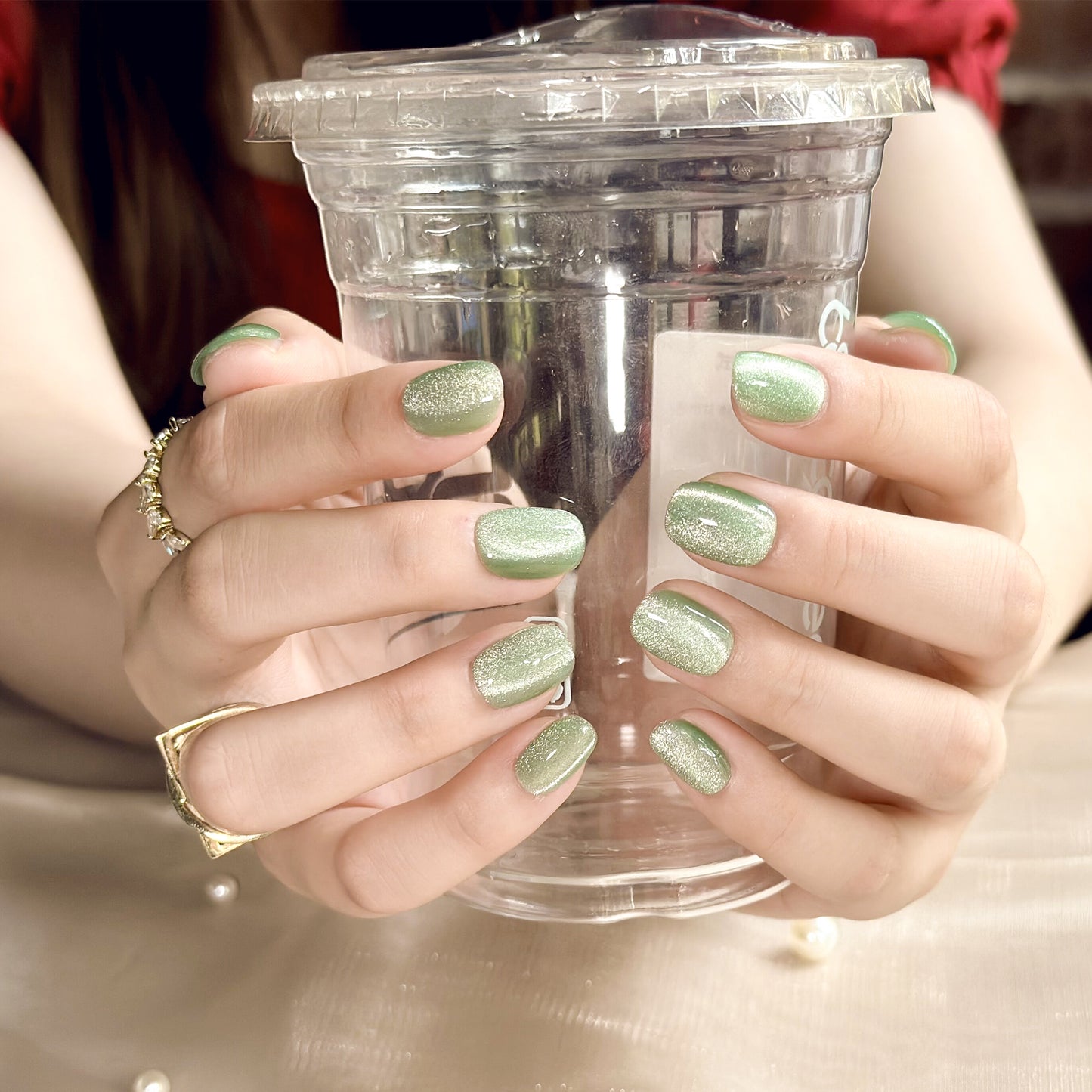 Handmade Press-on Nails Short Squoval Round Green Solid Color Cat Eye Design 10 Pcs HM097