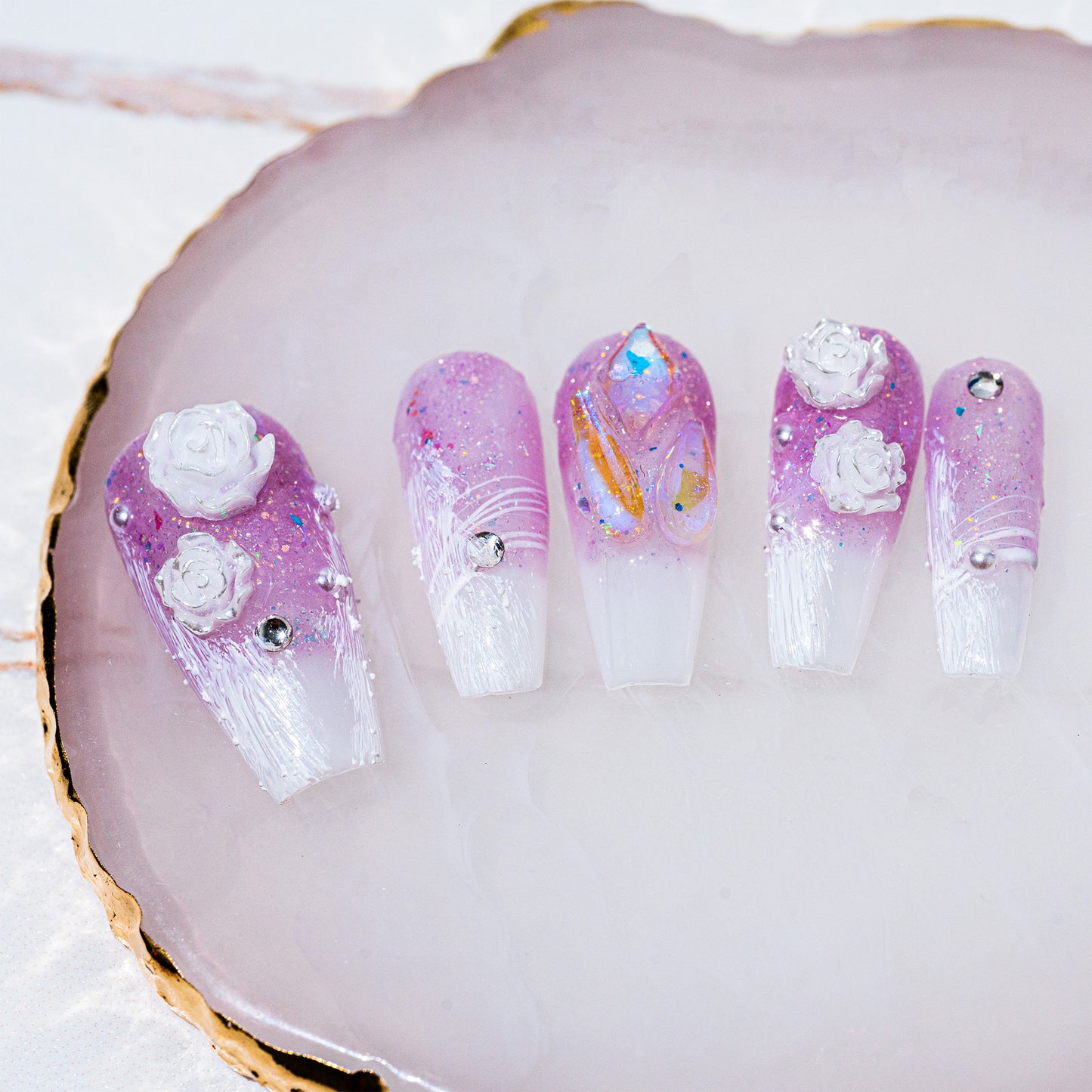 Handmade Press-on Nails Medium Long Coffin Ballerina Purple White 3D Flower Design 10Pcs HM004