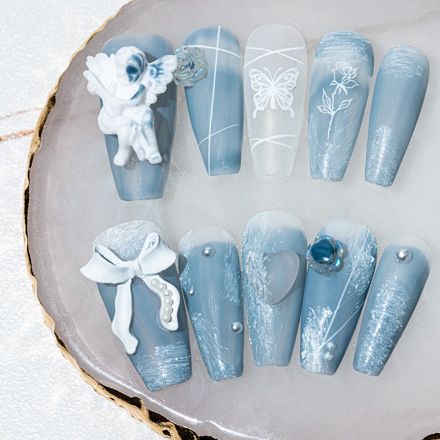 Handmade Press-on Nails Medium Long Coffin Ballerina Blue White Angle Ribbon Design 10Pcs HM008