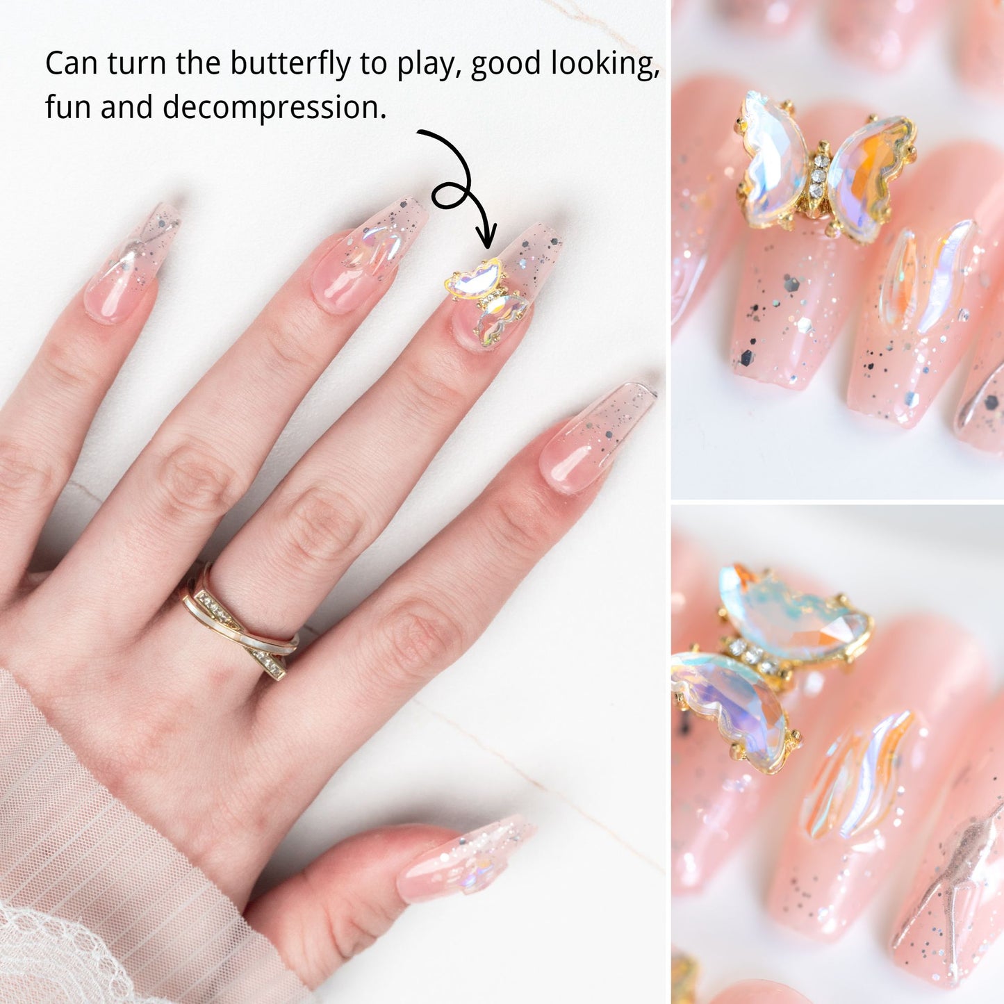 Handmade Press-on Nails Medium Long Coffin Ballerina Beige Pink Rotatable Butterfly Design 10Pcs HM045