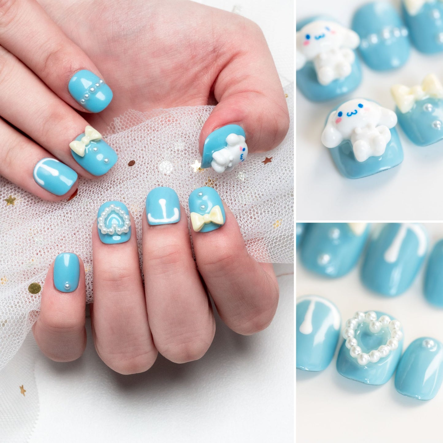 Handmade Press-on Nails Short Squoval Round Blue White Dog Pearl Ribbon Design 10Pcs HM051