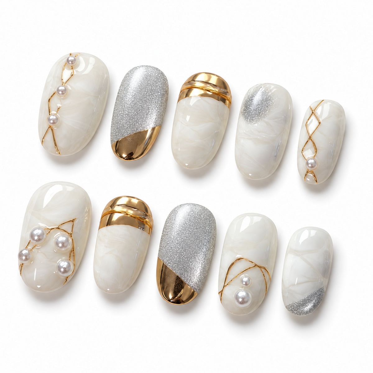 Moonlit Ivory & Gold Handmade Press-On Nails — #340