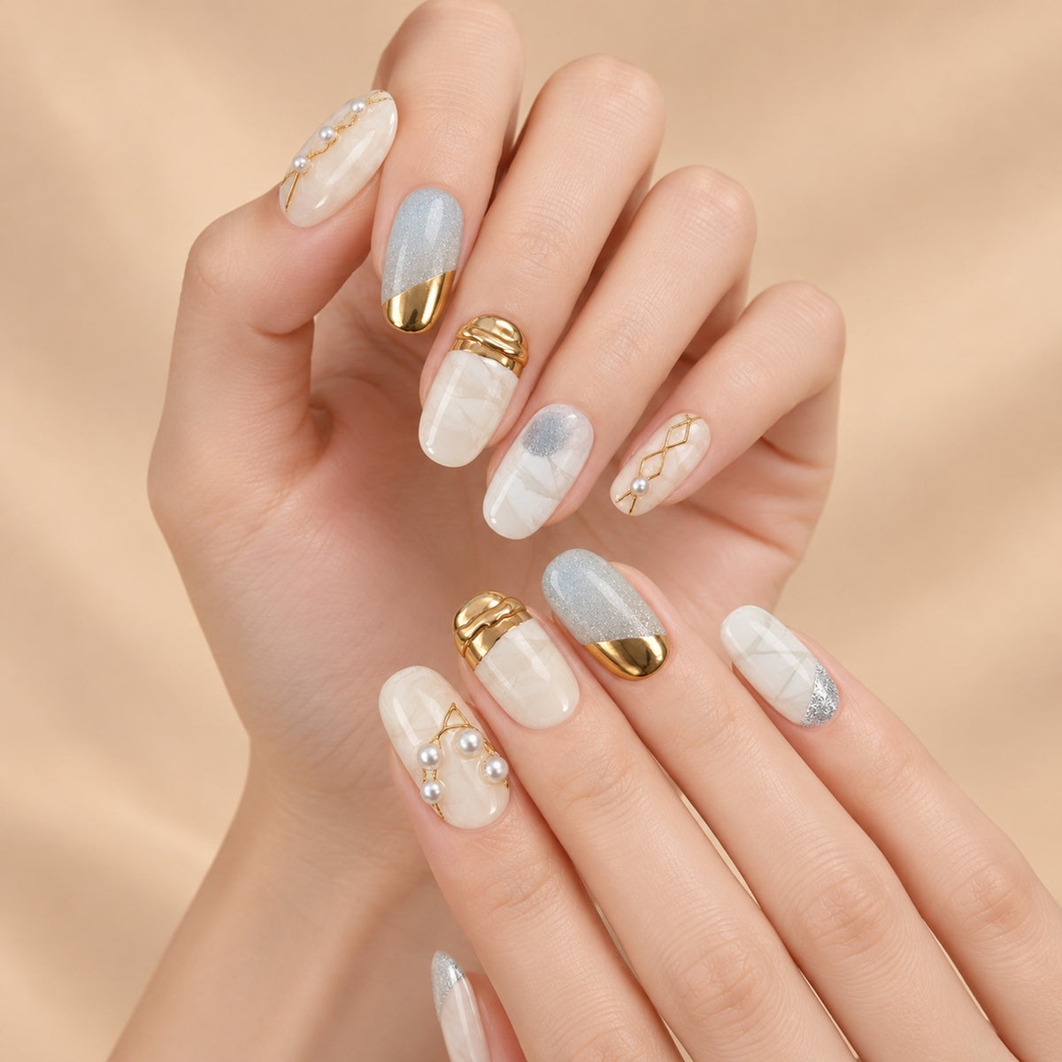 Moonlit Ivory & Gold Handmade Press-On Nails — #340