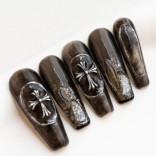 Handmade Press-on Nails Long Coffin Ballerina Black Sliver 3D Cross Design 10Pcs HM003